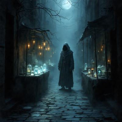 The primary subject of the image is a person dressed in a long robe, possibly a wizard or a ghost, walking down a narrow alleyway. The setting is a dark, foggy street with a brick surface. The visual style appears to be a digital art or illustration, creating a mysterious and eerie atmosphere. The dominant colors are shades of blue and black, which contribute to the overall mood of the scene.